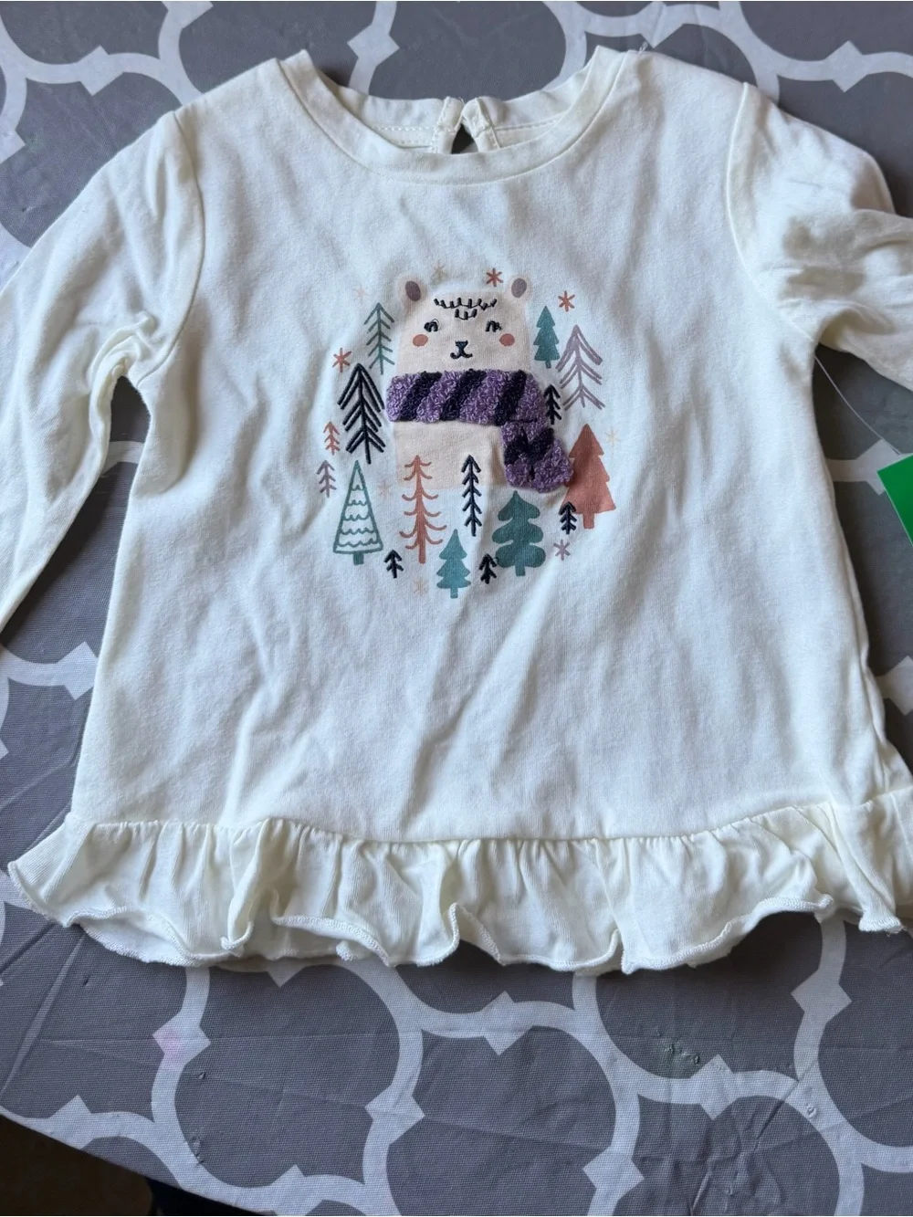 dip White Long-Sleeve Ruffle Hem Top with Bear and Trees Graphic